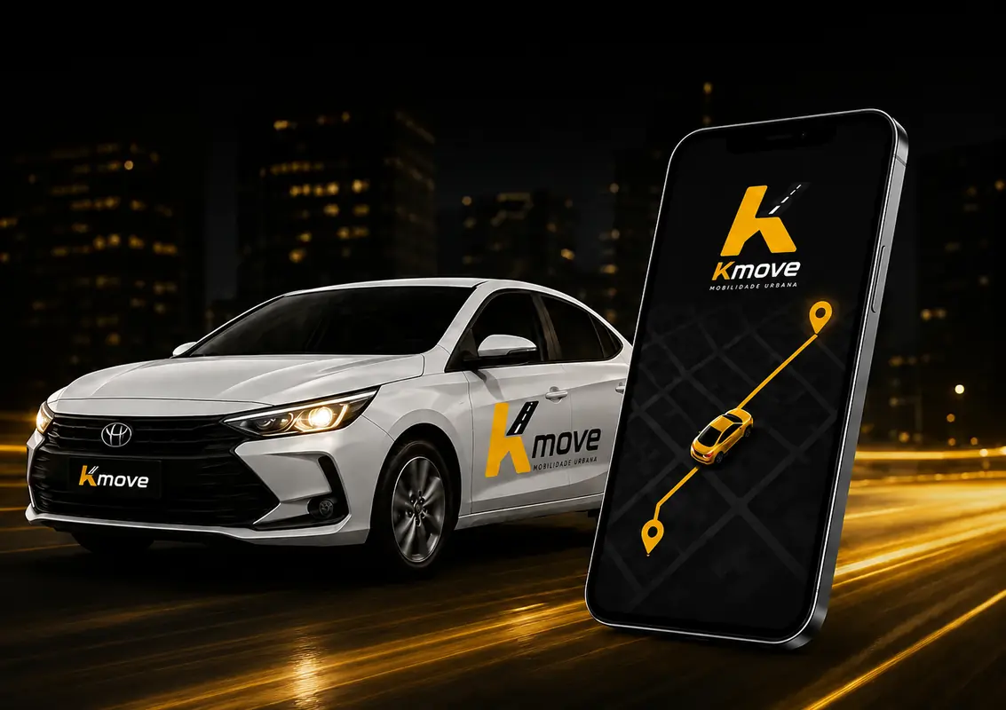 Aplicativo Kmove mostrando celular com trajeto de localização e um veículo moderno na cidade